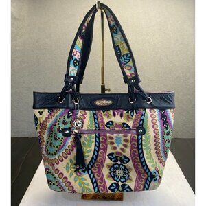 Spartina 449 Floral Multicolor Linen Fabric with Black Leather Trim Tote Bag